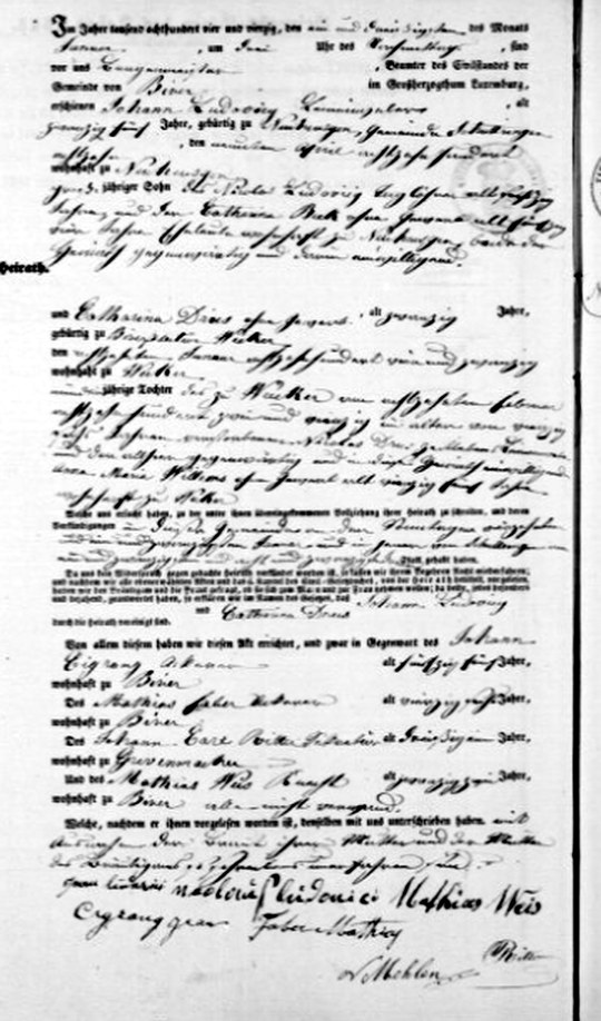 Detail of act No. 1 of the Biwer marriage register, 31 January 1844